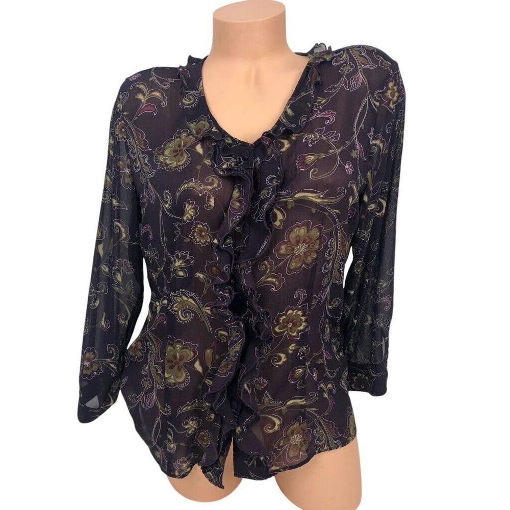 Sag Harbor Floral Print Ruffle Top Button Up Shirt‎ Size M Office Career Artsy